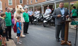 Principal, students gather during press conference for Walk to School Day in Raleigh, North Carolina.