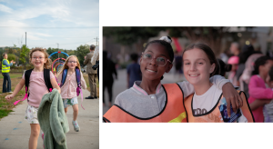 On the left, two girls wearing backpacks running toward the camera on a trail. On the right, two girls standing with arms around each other.